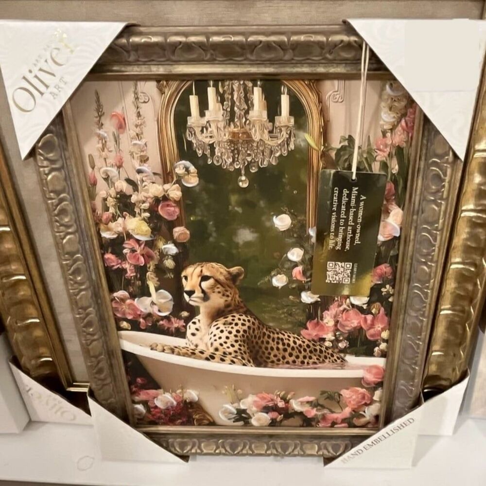 Olive Art Hand Embellished Cheetah in Bathtub Art Print